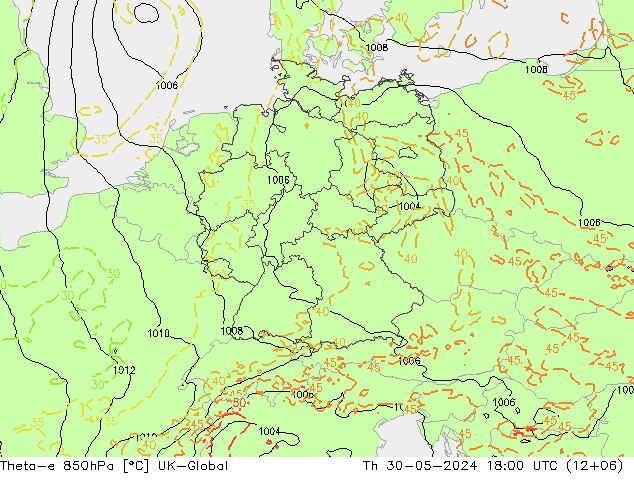 Theta-e 850hPa UK-Global czw. 30.05.2024 18 UTC