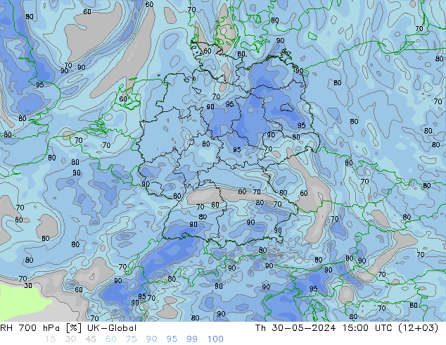 Humedad rel. 700hPa UK-Global jue 30.05.2024 15 UTC