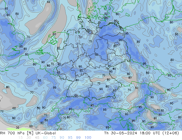 Humidité rel. 700 hPa UK-Global jeu 30.05.2024 18 UTC