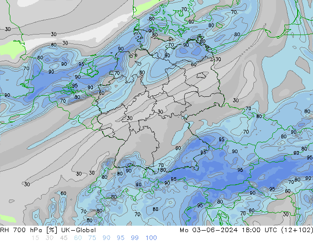 RH 700 hPa UK-Global Mo 03.06.2024 18 UTC