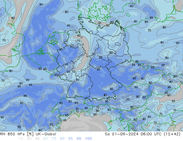 Humedad rel. 850hPa UK-Global sáb 01.06.2024 06 UTC