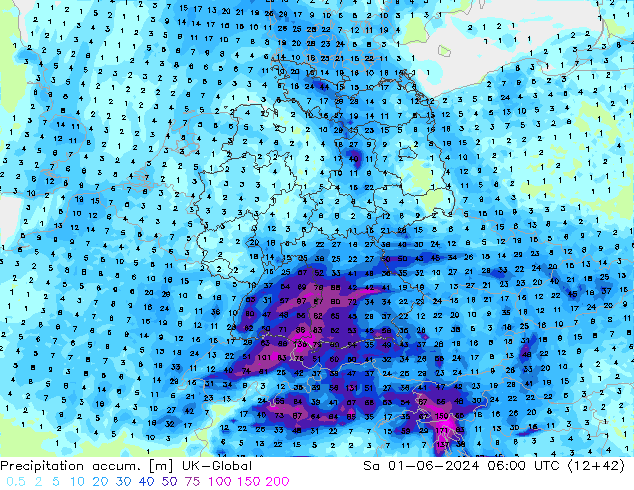 Precipitation accum. UK-Global So 01.06.2024 06 UTC