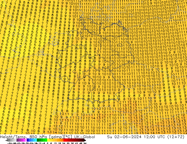 Hoogte/Temp. 850 hPa UK-Global zo 02.06.2024 12 UTC