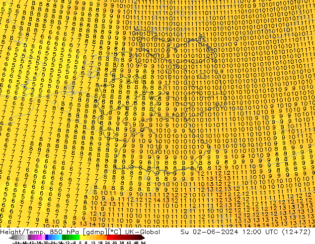 Height/Temp. 850 hPa UK-Global Su 02.06.2024 12 UTC