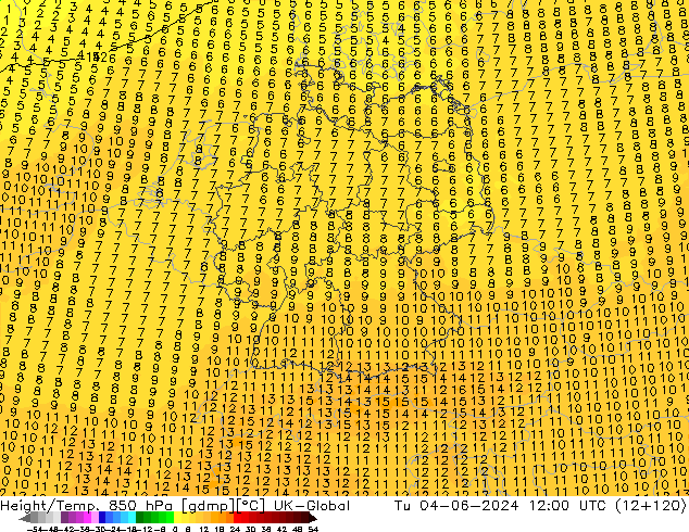 Géop./Temp. 850 hPa UK-Global mar 04.06.2024 12 UTC