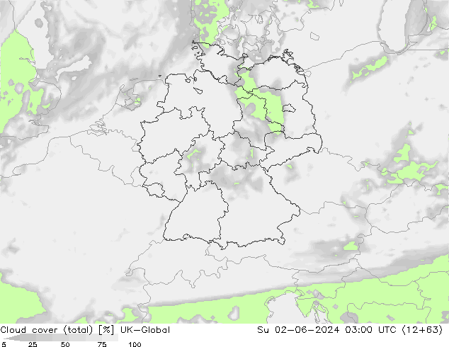 Cloud cover (total) UK-Global Su 02.06.2024 03 UTC