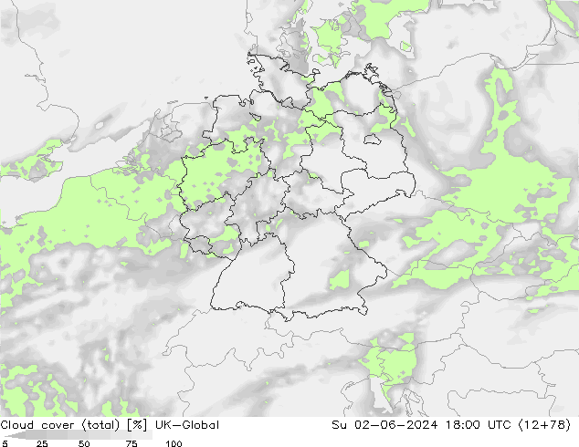 Bewolking (Totaal) UK-Global zo 02.06.2024 18 UTC