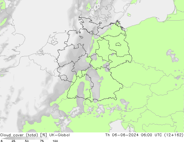 Cloud cover (total) UK-Global Th 06.06.2024 06 UTC