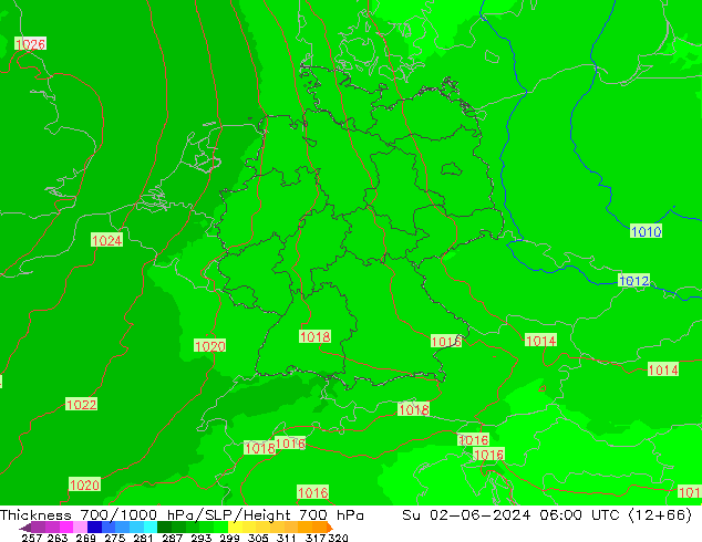 Thck 700-1000 hPa UK-Global Ne 02.06.2024 06 UTC