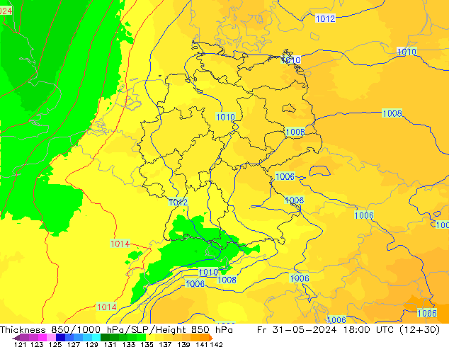 Espesor 850-1000 hPa UK-Global vie 31.05.2024 18 UTC