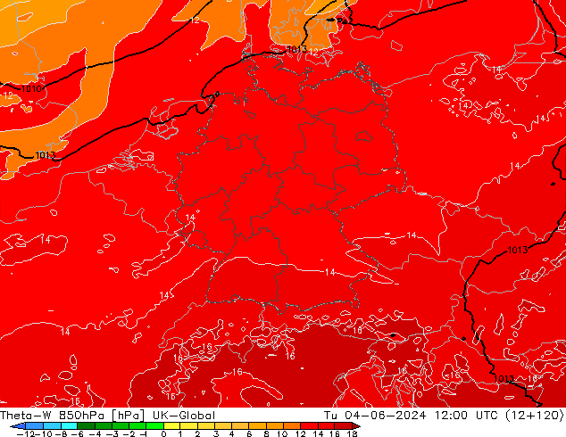Theta-W 850hPa UK-Global Tu 04.06.2024 12 UTC