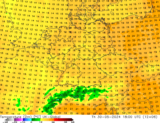 Temperatura (2m) UK-Global gio 30.05.2024 18 UTC