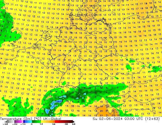 Temperatura (2m) UK-Global dom 02.06.2024 03 UTC