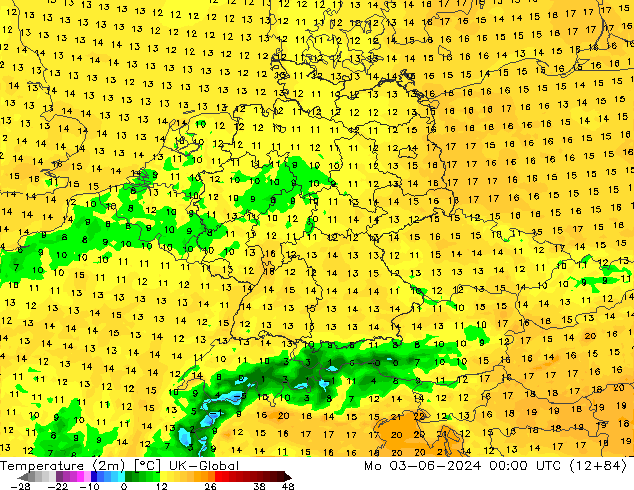 Temperature (2m) UK-Global Mo 03.06.2024 00 UTC