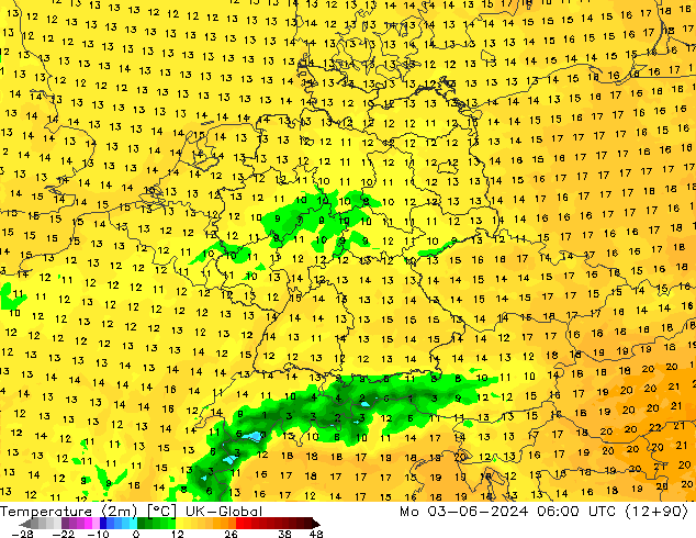 Temperature (2m) UK-Global Mo 03.06.2024 06 UTC