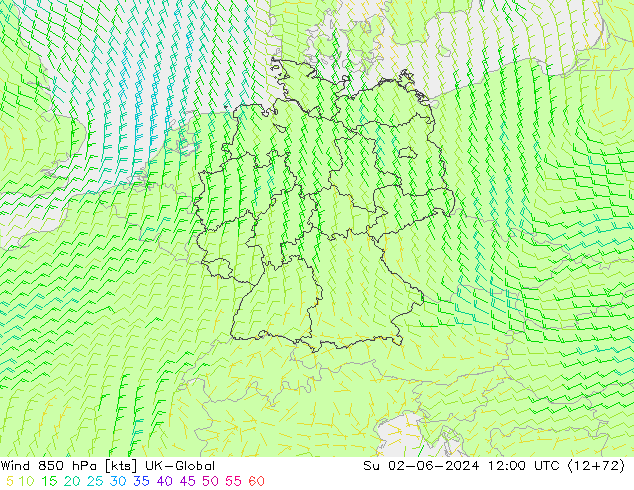 Wind 850 hPa UK-Global Su 02.06.2024 12 UTC