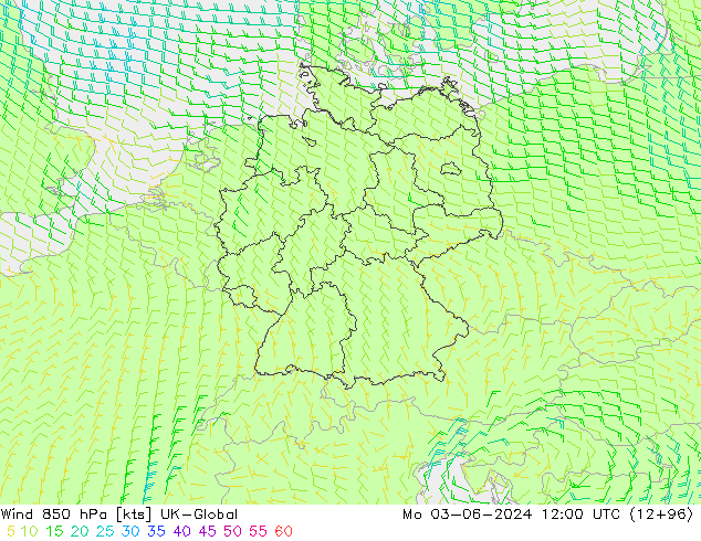 Wind 850 hPa UK-Global Mo 03.06.2024 12 UTC