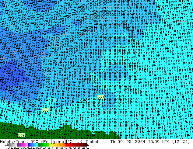 Height/Temp. 500 hPa UK-Global Th 30.05.2024 13 UTC