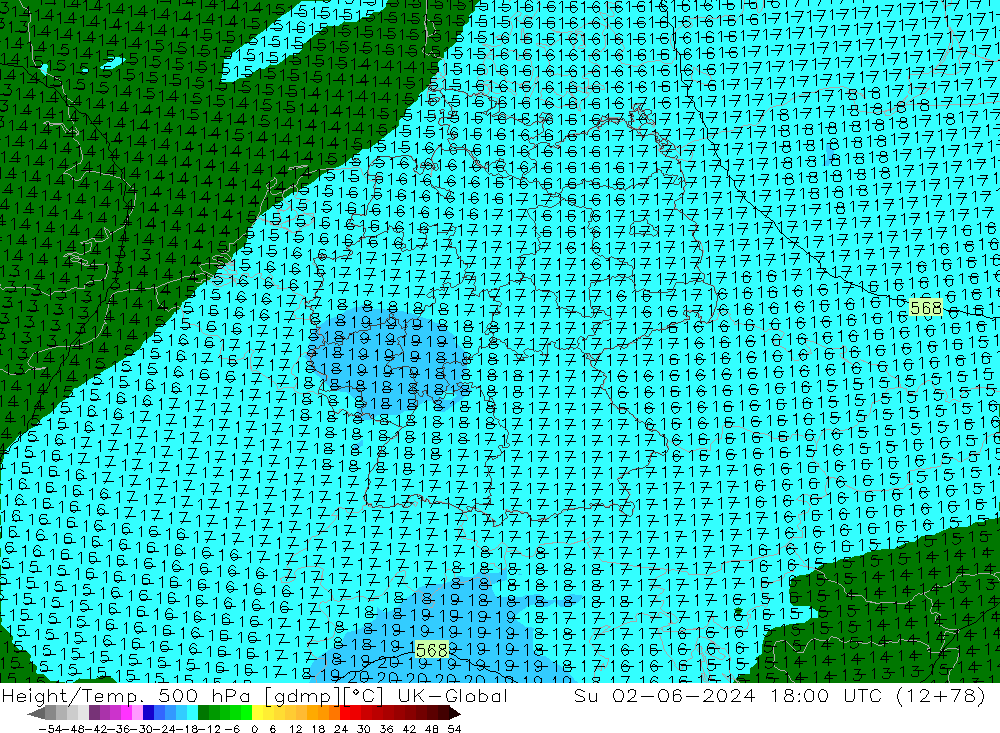 Geop./Temp. 500 hPa UK-Global dom 02.06.2024 18 UTC