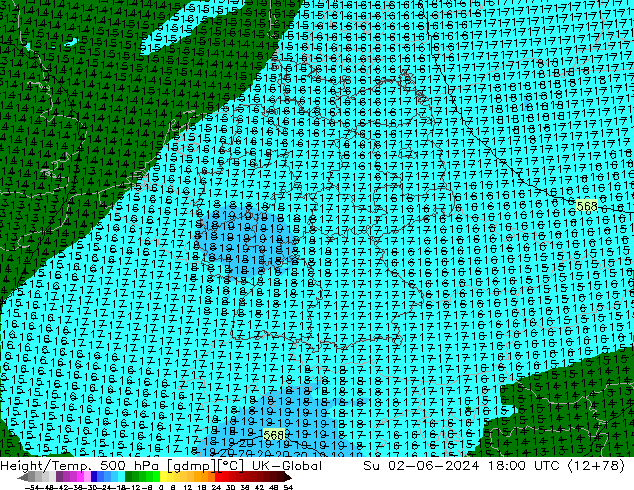 Height/Temp. 500 hPa UK-Global  02.06.2024 18 UTC