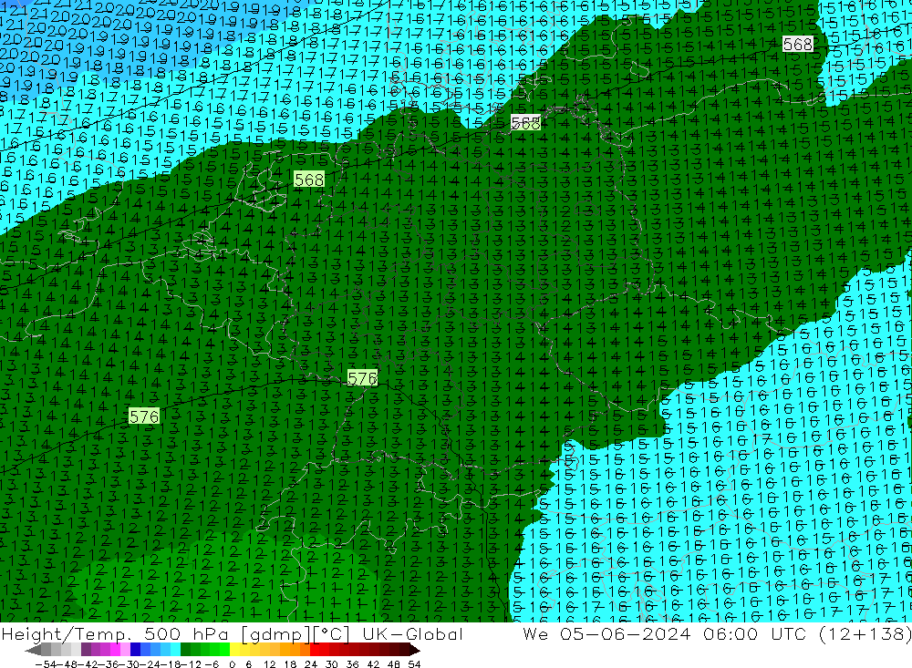 Geop./Temp. 500 hPa UK-Global mié 05.06.2024 06 UTC