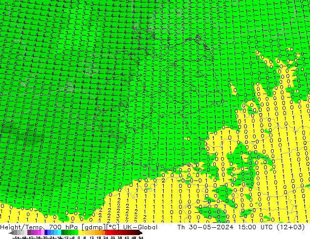 Height/Temp. 700 hPa UK-Global Th 30.05.2024 15 UTC