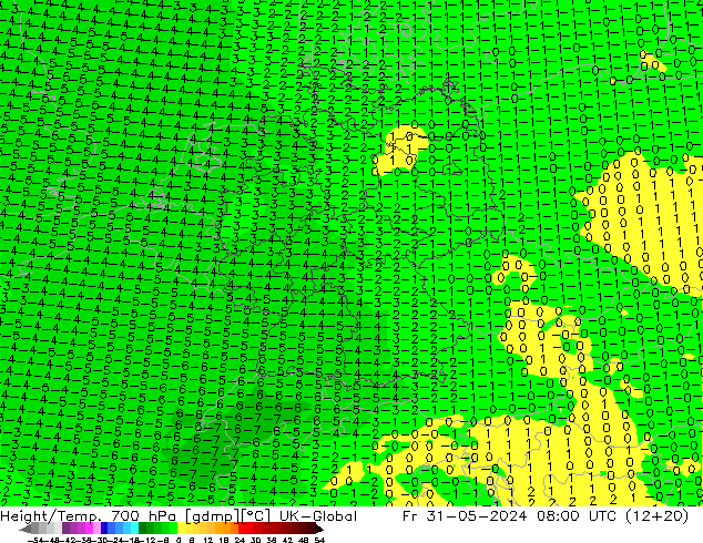 Hoogte/Temp. 700 hPa UK-Global vr 31.05.2024 08 UTC