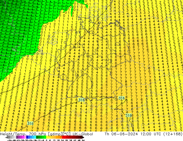 Height/Temp. 700 hPa UK-Global Čt 06.06.2024 12 UTC