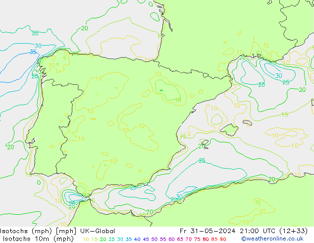 Isotachs (mph) UK-Global Fr 31.05.2024 21 UTC