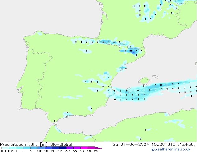 Totale neerslag (6h) UK-Global za 01.06.2024 00 UTC