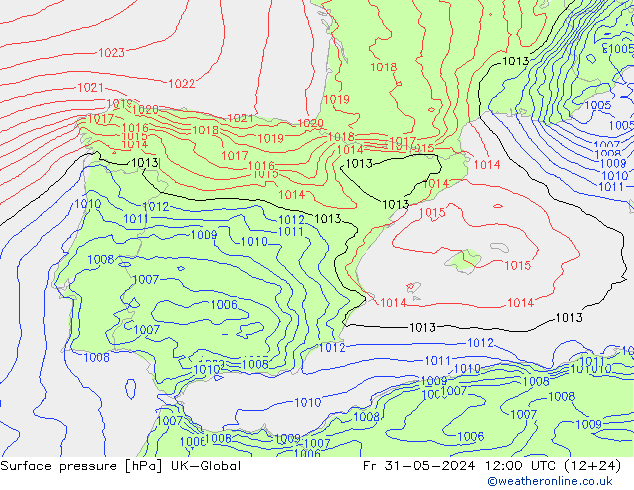 Pressione al suolo UK-Global ven 31.05.2024 12 UTC