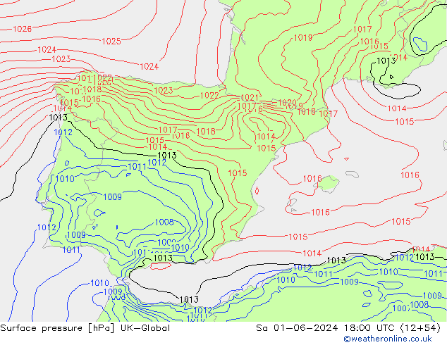 Presión superficial UK-Global sáb 01.06.2024 18 UTC