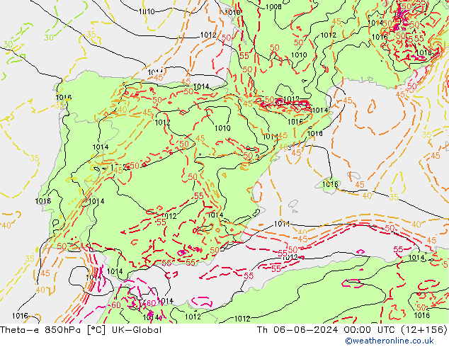 Theta-e 850hPa UK-Global jue 06.06.2024 00 UTC