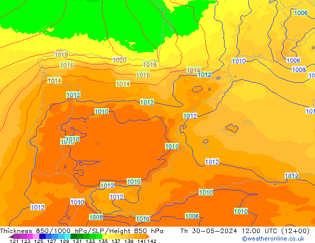 Dikte 850-1000 hPa UK-Global do 30.05.2024 12 UTC