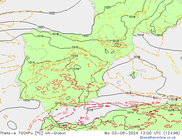 Theta-e 700hPa UK-Global Mo 03.06.2024 12 UTC