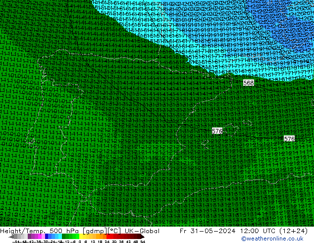 Height/Temp. 500 hPa UK-Global Pá 31.05.2024 12 UTC