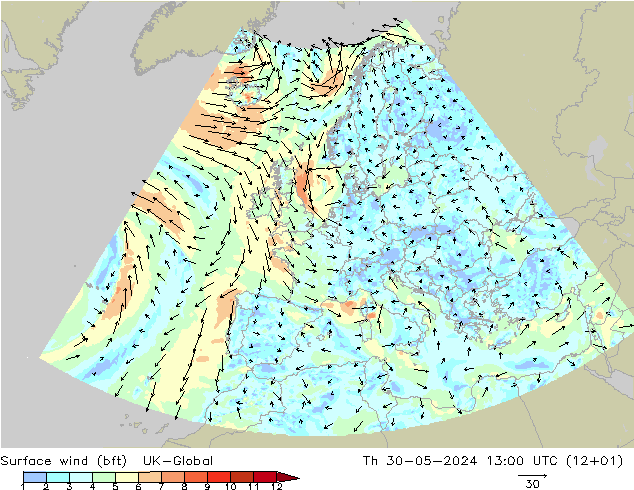 wiatr 10 m (bft) UK-Global czw. 30.05.2024 13 UTC
