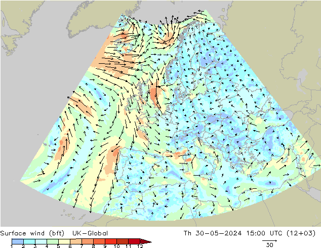 wiatr 10 m (bft) UK-Global czw. 30.05.2024 15 UTC