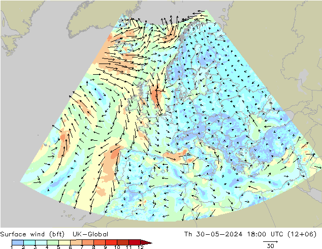 Surface wind (bft) UK-Global Th 30.05.2024 18 UTC