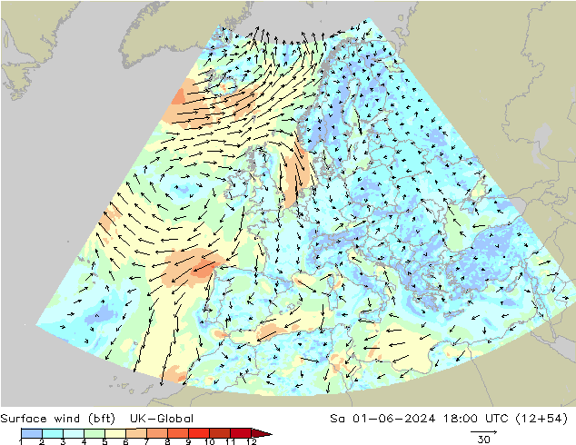 Surface wind (bft) UK-Global Sa 01.06.2024 18 UTC