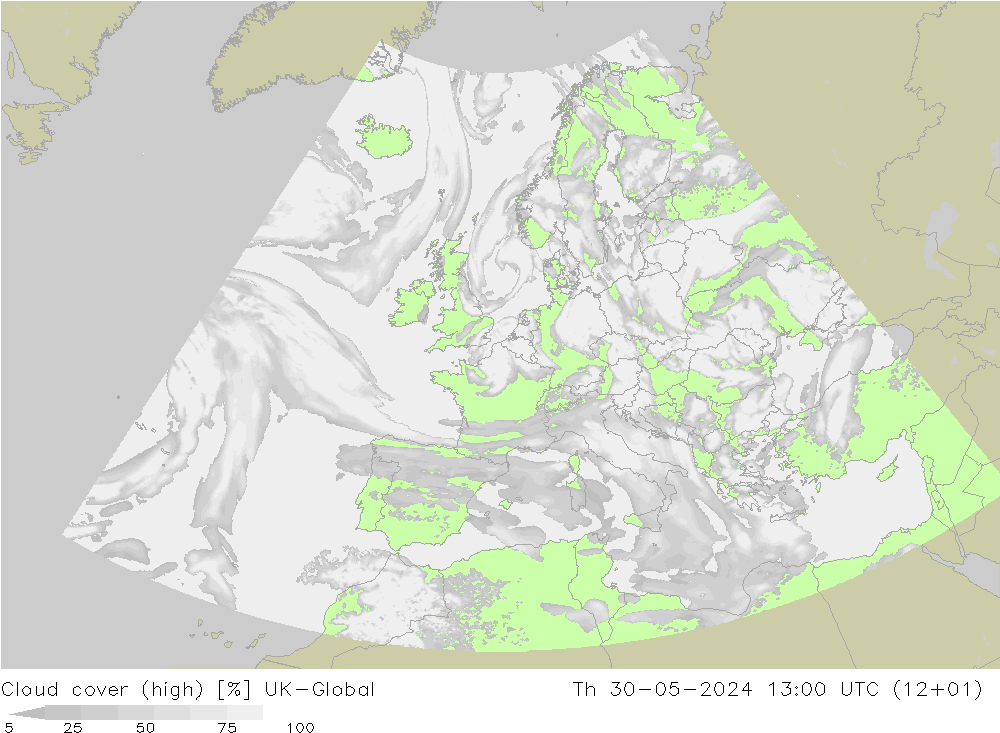 Cloud cover (high) UK-Global Th 30.05.2024 13 UTC