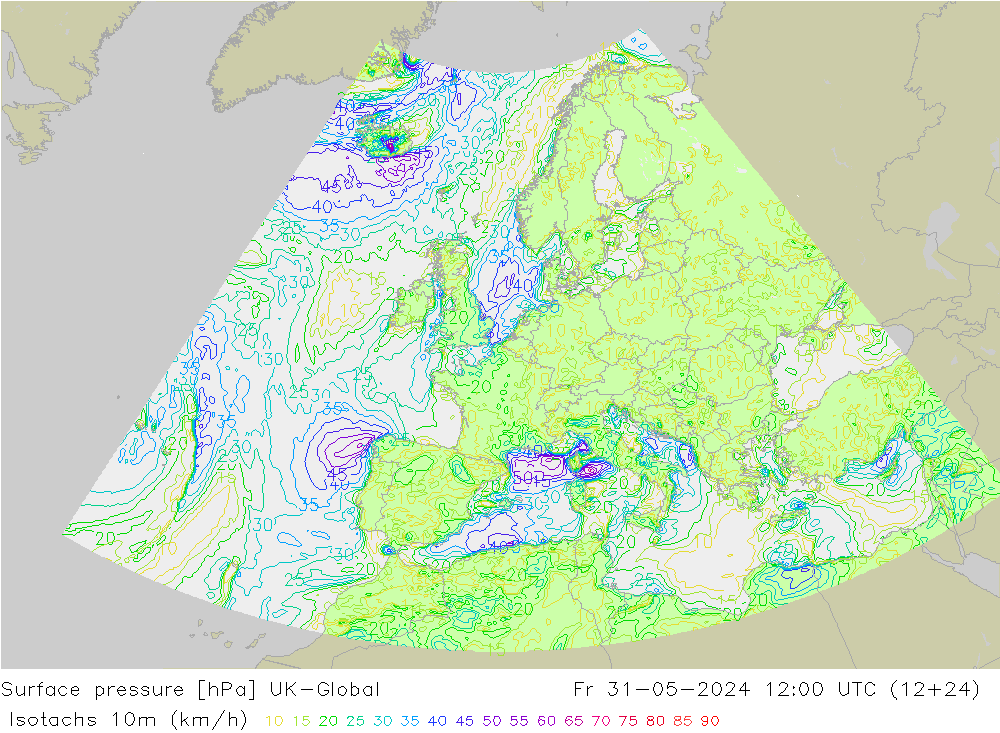 Isotachs (kph) UK-Global ven 31.05.2024 12 UTC