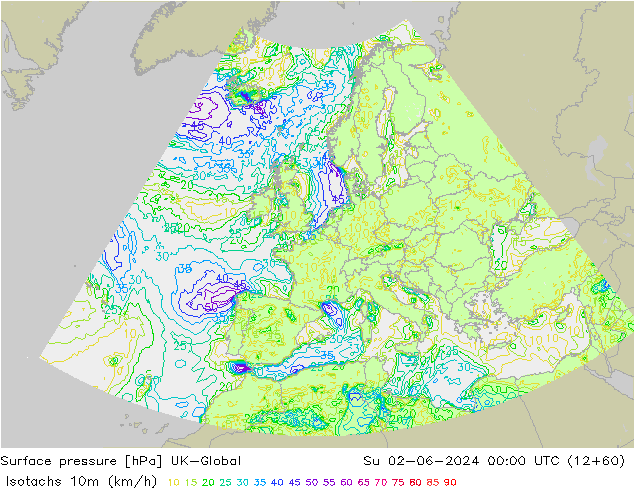 Isotachs (kph) UK-Global Su 02.06.2024 00 UTC