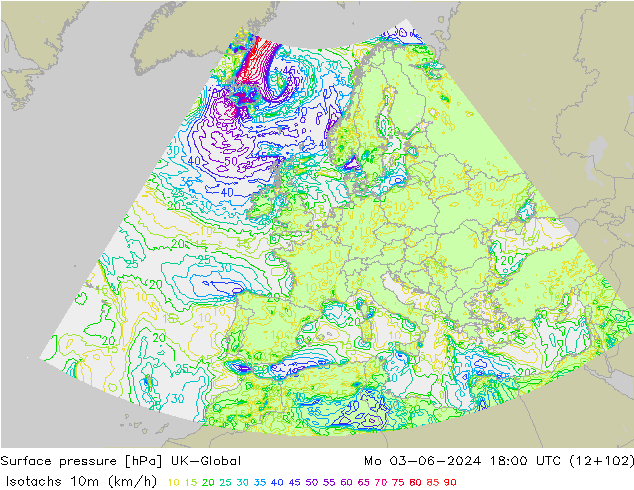 Isotachen (km/h) UK-Global Mo 03.06.2024 18 UTC