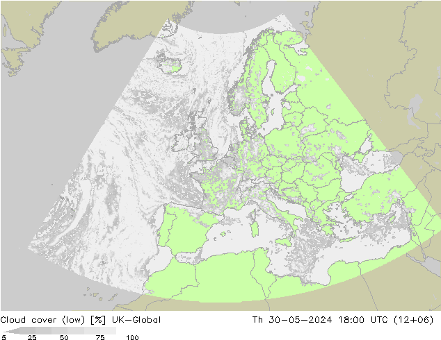 Cloud cover (low) UK-Global Th 30.05.2024 18 UTC