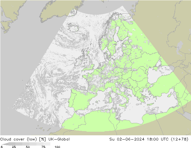 Cloud cover (low) UK-Global Su 02.06.2024 18 UTC