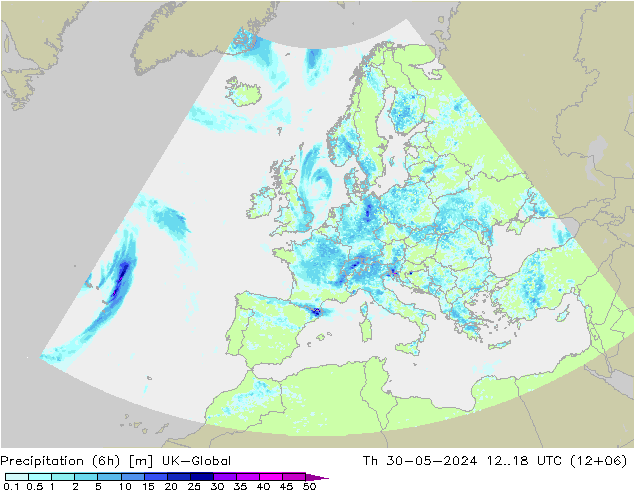 Précipitation (6h) UK-Global jeu 30.05.2024 18 UTC