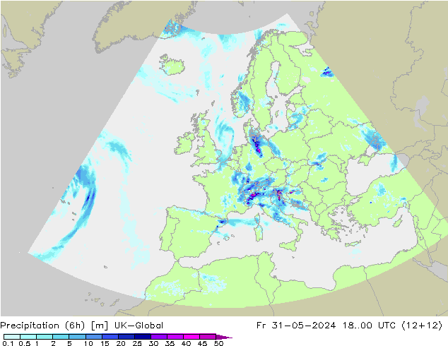 Precipitation (6h) UK-Global Fr 31.05.2024 00 UTC