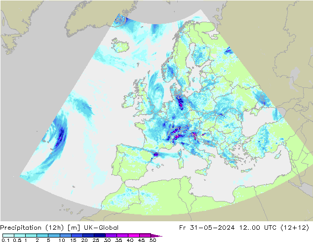 Precipitazione (12h) UK-Global ven 31.05.2024 00 UTC