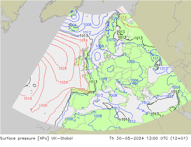 Pressione al suolo UK-Global gio 30.05.2024 13 UTC